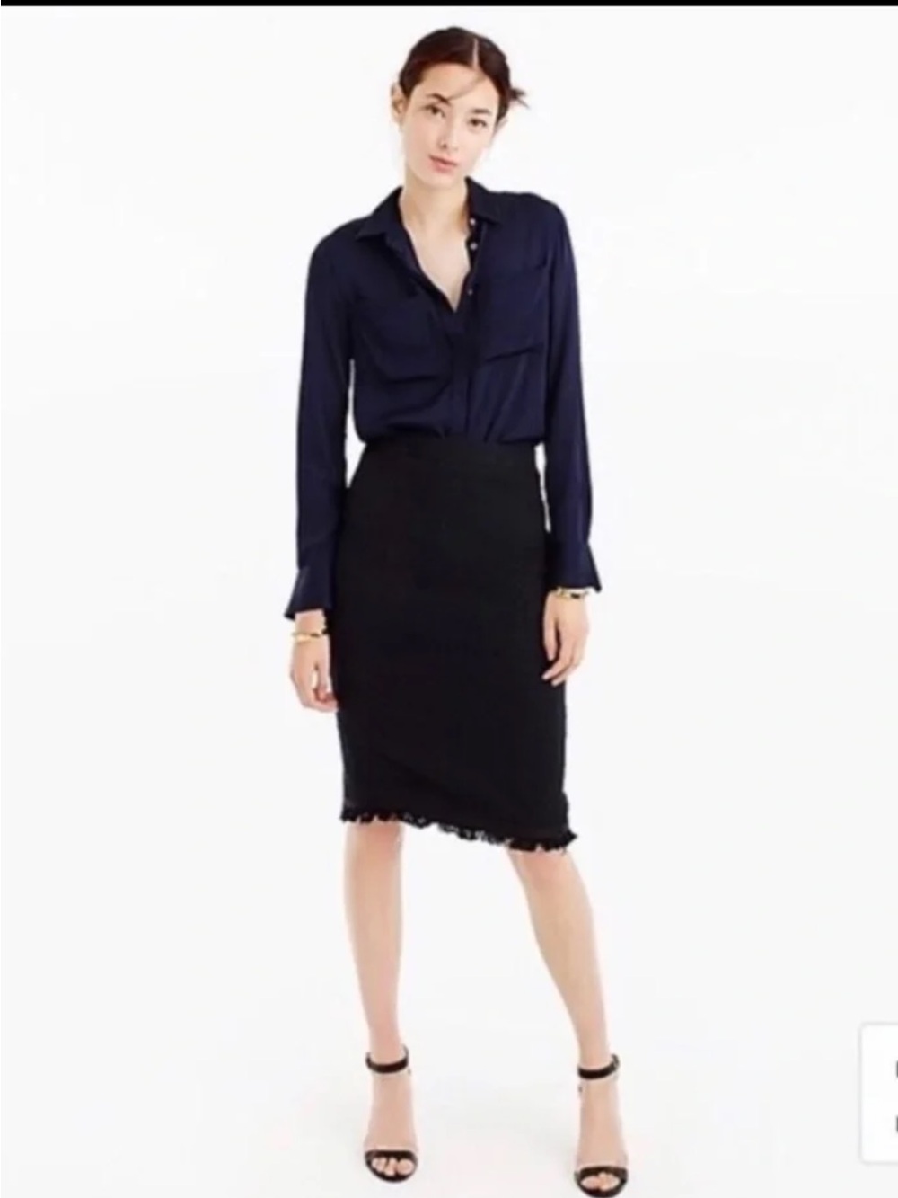 J Crew Black Cotton Tweed Fringe Hem Pencil Skirt Size 4 Workwear Knee Length